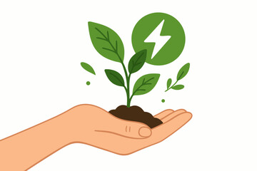 Sustainable Energy Growth Concept with Human Hand Holding Green Plant Seedling and Lightning Bolt Symbol, Eco-Friendly Renewable Power Illustration for Environmental Conservation and Green Technology