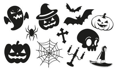 Happy Halloween day vector elements. Ghost, pumpkin, bat, spider, cobweb, candle, witch hat skull and cross sign elements.