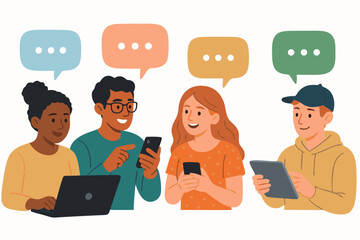 Diverse Young People Using Digital Devices with Colorful Speech Bubbles, Modern Communication Concept, Multicultural Friends Chatting Online, Social Media Interaction Vector Illustration