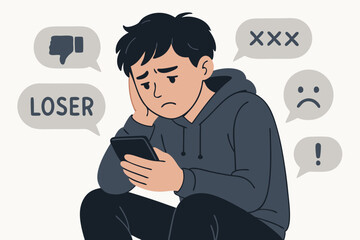 Cyberbullying Concept Vector Illustration with Sad Teenager Looking at Smartphone Surrounded by Negative Messages, Social Media Harassment, Online Abuse, Digital Bullying, Mental Health Impact