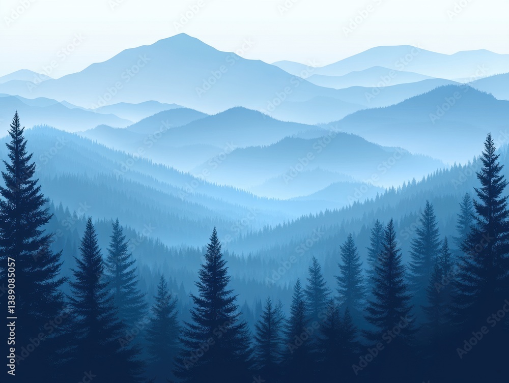 Poster serene blue mountain range landscape with misty valleys and evergreen forest creating a peaceful and