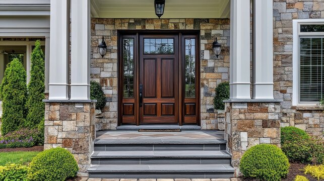 A beautiful wooden front door and stone entrance with columns