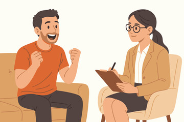 Professional Therapy Session Vector Illustration with Enthusiastic Male Patient Sharing Progress with Female Psychologist Taking Notes in Modern Minimalist Office Setting