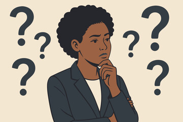 Thoughtful African American Professional in Business Attire Surrounded by Question Marks, Minimalist Vector Illustration for Decision Making, Problem Solving, and Critical Thinking Concepts