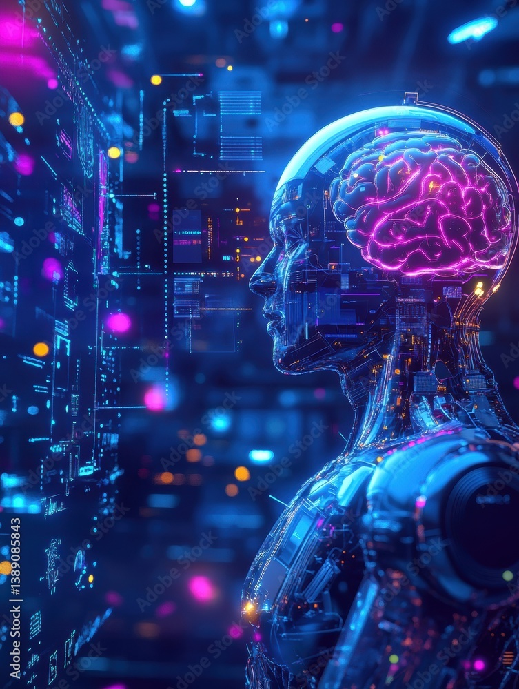 Poster Exploring futuristic AI technology featuring a robot, digital brain, and microchip on vibrant holographic platforms