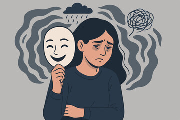 Emotional Duality: Woman Hiding Depression Behind Happy Mask, Vector Illustration of Mental Health Struggle with Symbolic Elements, Conceptual Art for Psychology and Wellbeing