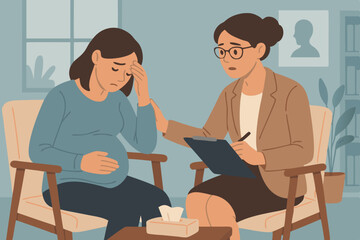 Compassionate Therapy Session: Pregnant Woman Receiving Emotional Support from Professional Counselor in Calming Office Environment, Mental Health Care Illustration