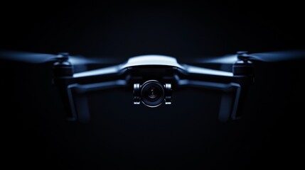 69.A close-up shot of a compact drone with a high-resolution camera lens illuminated subtly against a pitch-black background, emphasizing its stealth capabilities.