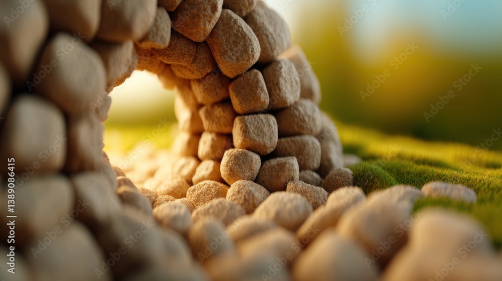 Poster a close-up view of a stone archway, showcasing textured rocks and a lush grassy setting, creating a 