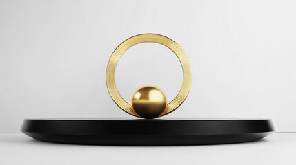 Gold orb in ring on black pedestal