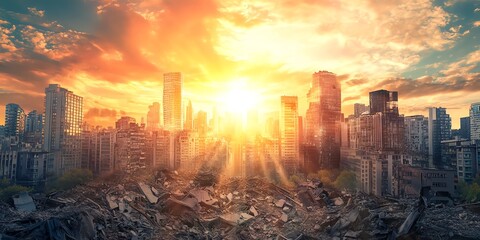 Fototapeta premium Panoramic view of a vibrant utopian city breaking through a crumbling dystopian skyline, sunlight illuminating dreams