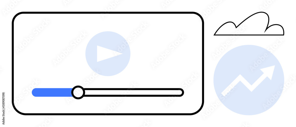 Poster video player screen with progress bar, play button chart showing upward growth cloud element. ideal 