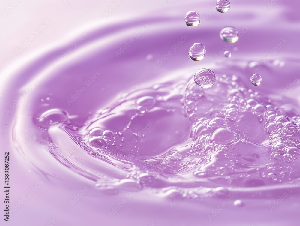 Poster captivating close up of water droplets falling into a pool of vibrant purple liquid creating ripples