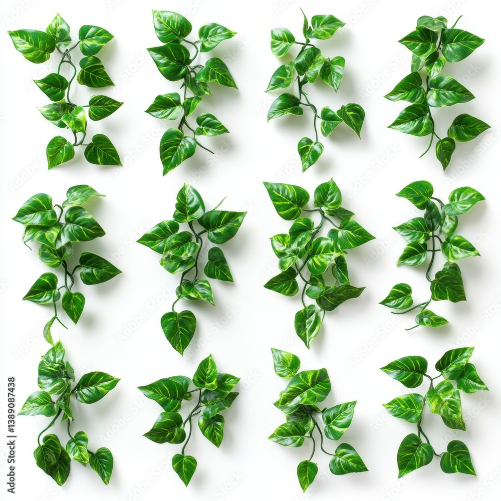 Poster lush green pothos vines cascading on a pristine white backdrop creating a refreshing botanical arran