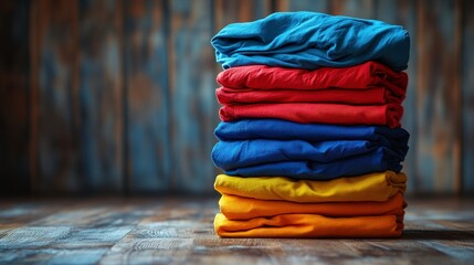 Colorful clothing stack on wood floor against rustic background