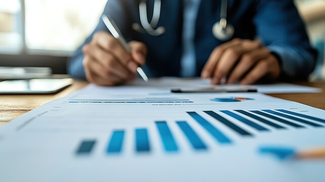 Surgeon reviewing a successful patient recovery chart with a team focus on care, realistic, blend mode, medical office - Powered by Adobe