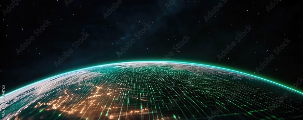 Poster Earth with glowing network powered by cloud technology concept. Futuristic view of Earth with glowing data lines and stars.