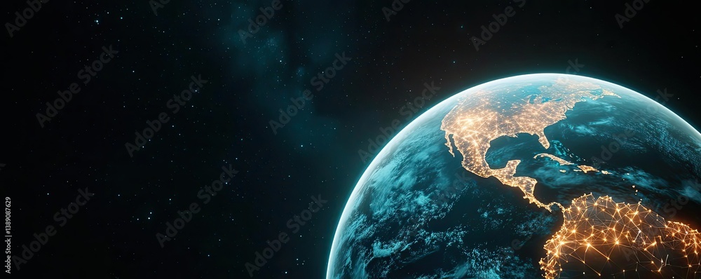 Poster Earth with glowing network powered by cloud technology concept. Beautiful view of Earth from space showcasing vibrant landscapes.
