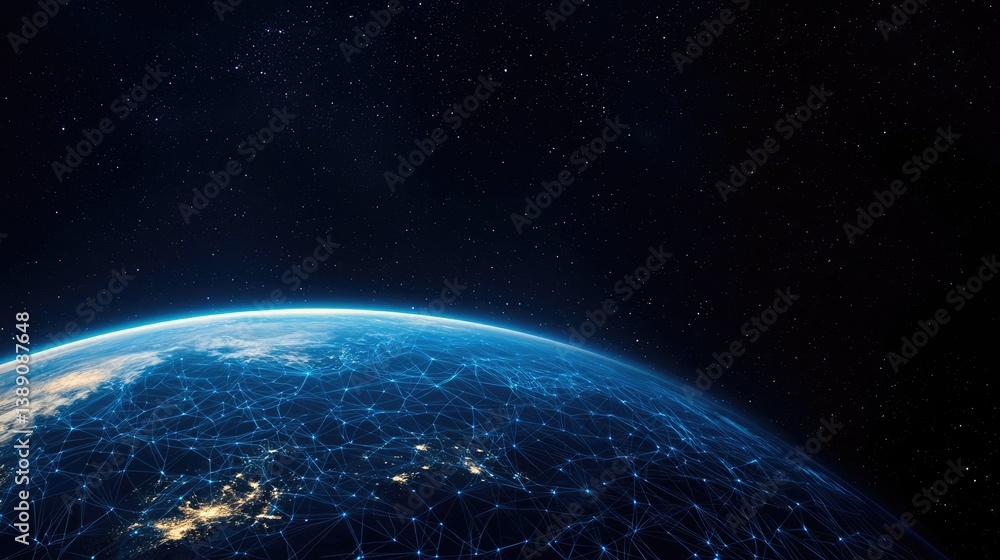 Poster earth with glowing network powered by cloud technology concept. a view of earth from space highlight