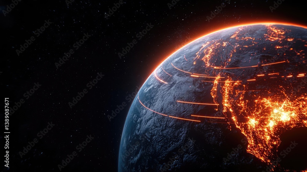 Poster Earth with glowing network and wireless internet grid concept. Vibrant view of Earth illuminated by city lights in space.