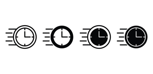Fast Time Icons Black and White Clock Designs with Motion Effect Vector Design