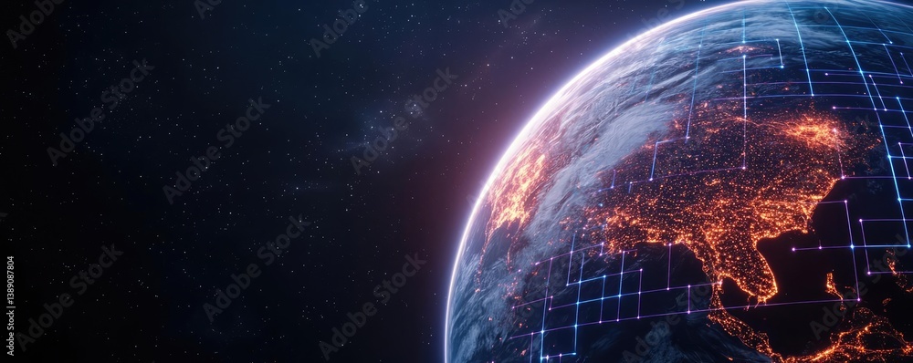 Poster earth with glowing network powered by cloud technology concept. glowing planet earth with illuminate