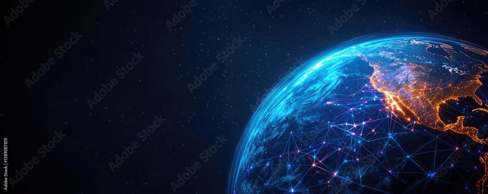 Poster Earth with glowing network and wireless internet grid concept. A digital globe illuminated with network connections.