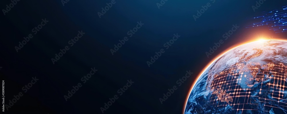 Poster earth with glowing network and wireless internet grid concept. futuristic depiction of earth with gl