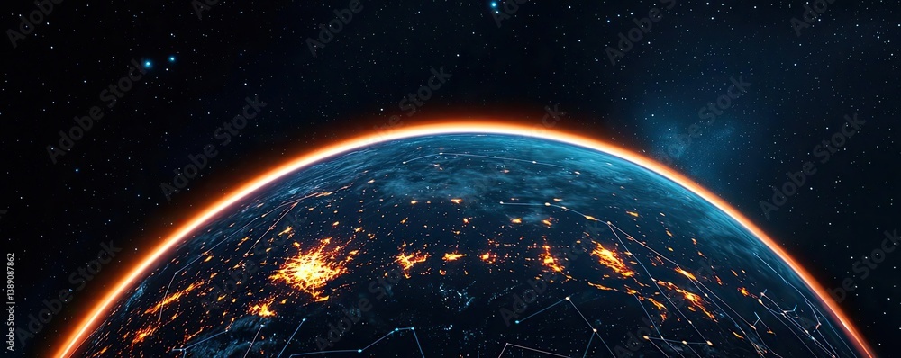 Poster Earth with glowing network highlighting global cloud data concept. An illuminated view of Earth showcasing its interconnected systems.