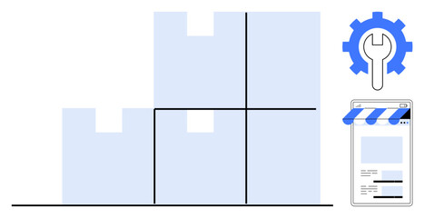 Stacked boxes for storage efficiency, cog and wrench for customization, online storefront for digital management. Ideal for logistics, inventory, digital tools, e-commerce, storage, warehouse