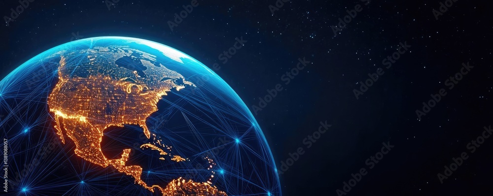 Fototapete Earth with glowing network and wireless internet grid concept. A digital globe showcasing interconnected networks and elements.