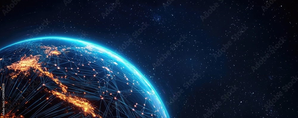 Aufkleber earth with glowing network and wireless internet grid concept. a stunning view of earth illuminated 