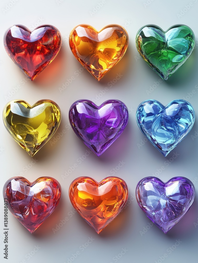 Poster array of colorful crystal hearts sparkling on a soft white background romantic and playful mood