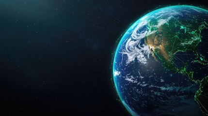 Fototapeta premium Earth with glowing network highlighting global cloud data concept. A stunning view of Earth showcasing its blue oceans and greenery.