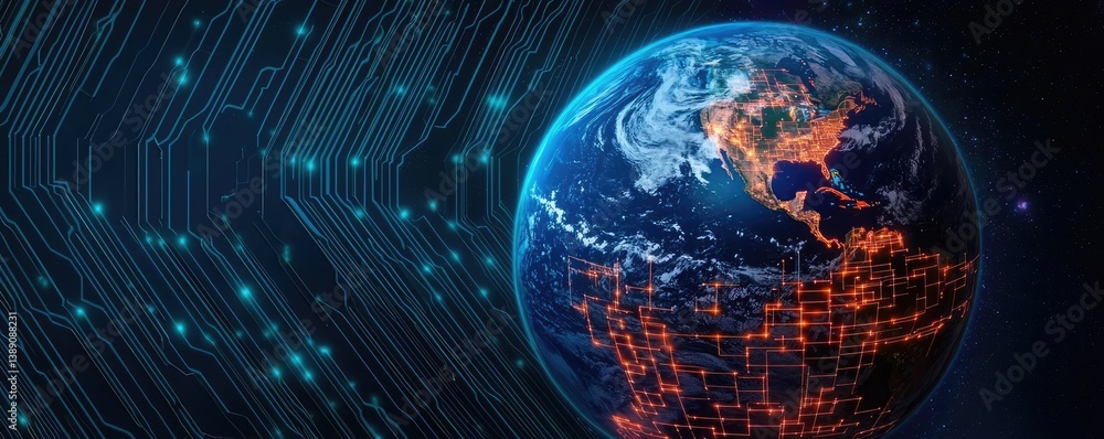 Poster earth with glowing network powered by cloud technology concept. futuristic representation of earth w