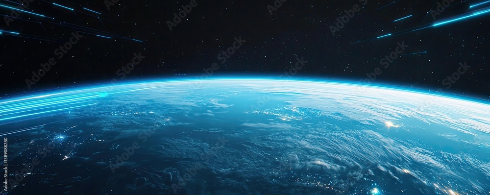 Poster earth with glowing network powered by cloud technology concept. stunning view of earth from space, s