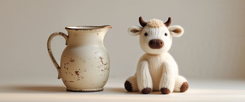 Vintage milk pitcher and charming wool cow figure create a cozy decor setting