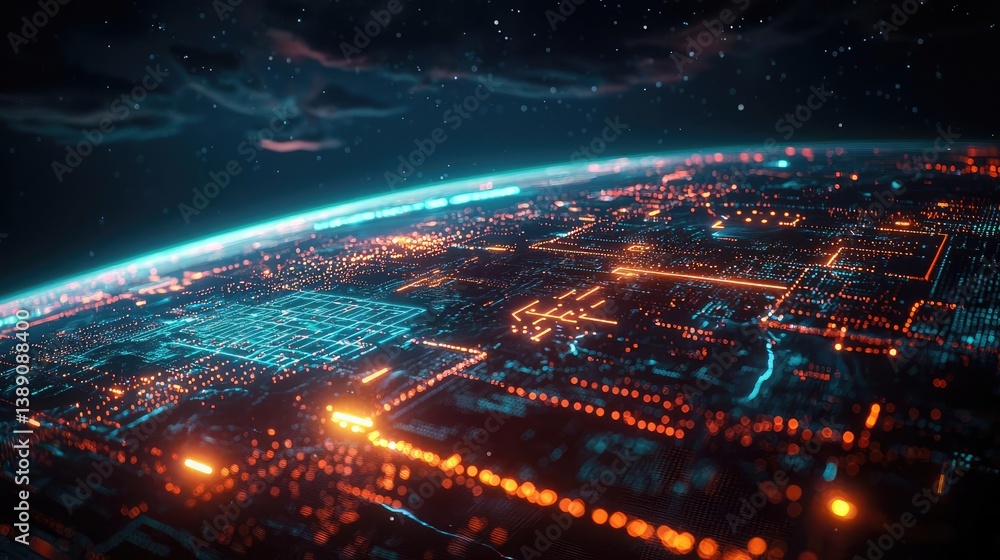 Poster earth with glowing network and wireless internet grid concept. futuristic cityscape illuminated with