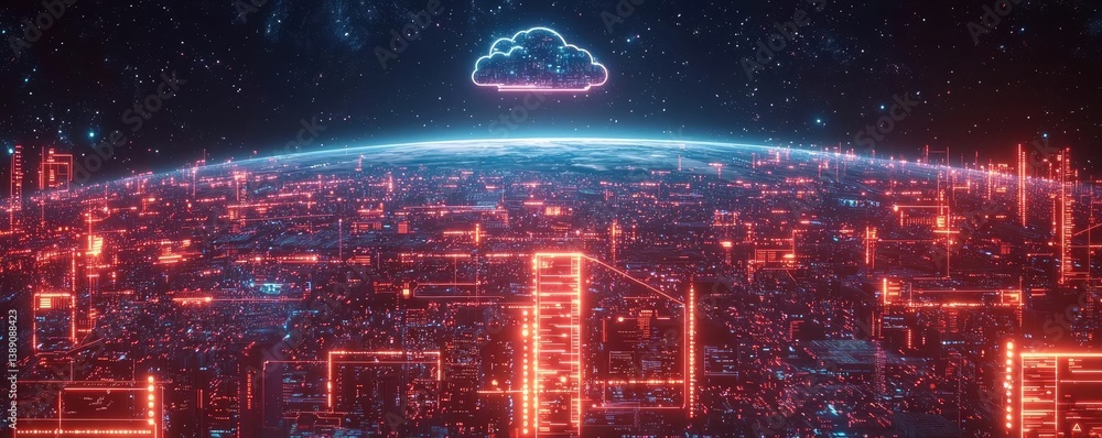 Poster earth with glowing network powered by cloud technology concept. futuristic cityscape with glowing re