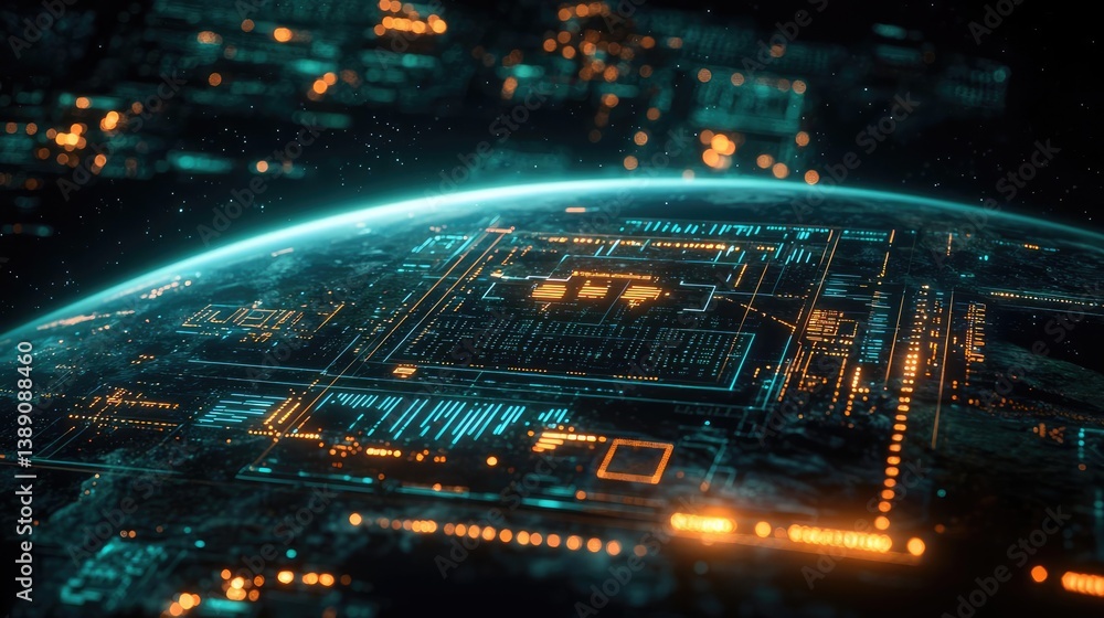 Poster Earth with glowing network and wireless internet grid concept. Futuristic view of a circuit board illuminated in dark space.