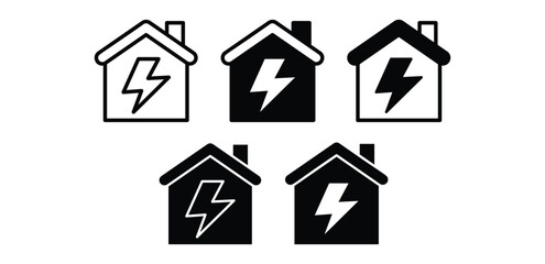 House Icons With Lightning Bolt Symbol Representing Energy Black And White Color Vector Design
