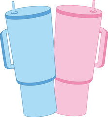 Illustration of two cups with straws in blue and pink colors, Tumbler
