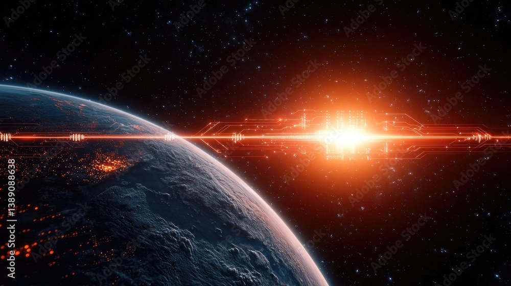 Poster Earth with glowing network and wireless internet grid concept. A stunning view of Earth illuminated by a cosmic burst of energy.