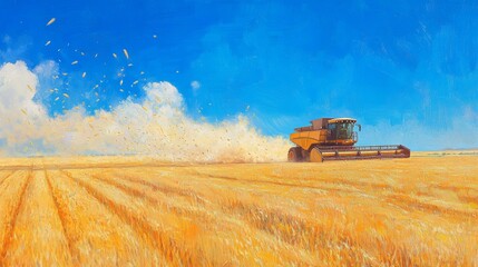 Fototapeta premium 104.A large combine harvester moving through a golden wheat field, its mechanical arms processing crops as dust and chaff scatter into the air under a clear blue sky.