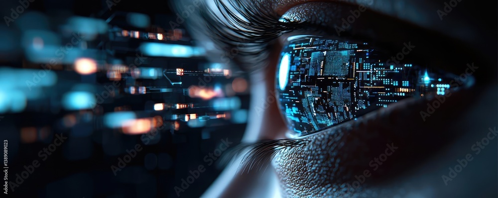 Poster close-up human eye powered by futuristic machine technology concept. futuristic eye with digital cir