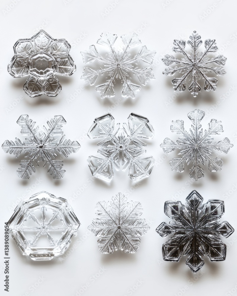 Poster captivating winter scene featuring a collection of nine intricately designed crystal snowflakes disp