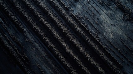 107.A drone shot of advanced machinery planting seeds in neat rows across a vast agricultural expanse, with visible tire tracks forming precise lines in the soil.