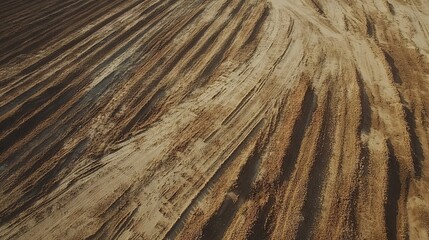 107.A drone shot of advanced machinery planting seeds in neat rows across a vast agricultural expanse, with visible tire tracks forming precise lines in the soil.