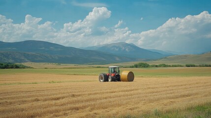 Obraz premium 108.A modern baler compressing hay into dense bales on a sunny day, with fields of tall grass surrounding it and distant mountains forming the backdrop.