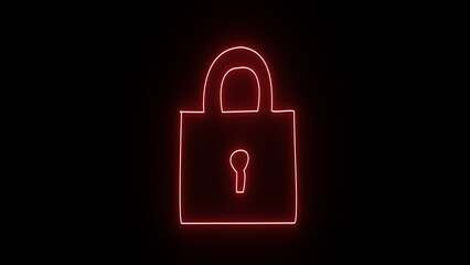 Neon lock icon animation. Close protection padlock privacy sign symbol on black background.